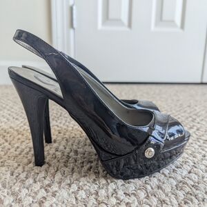 G By Guess Black Patent Leather Peep-Toe Heels Size 6.5M